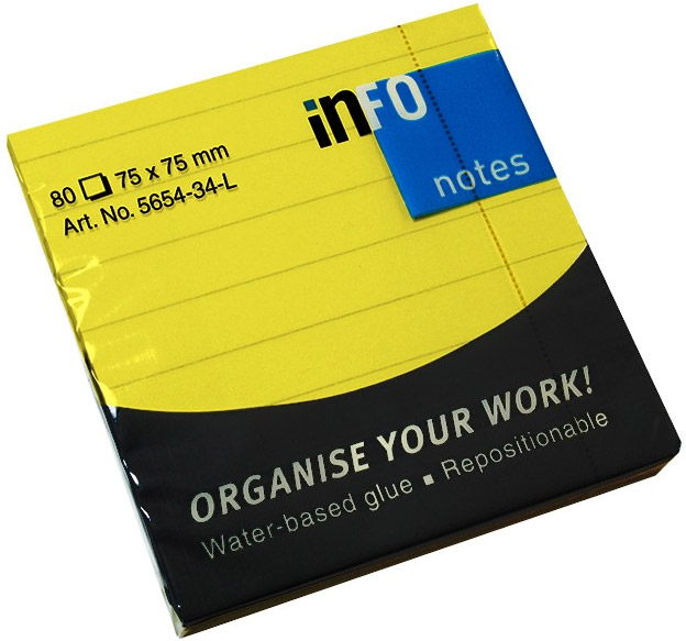 Info-Notes 75x75mm Κίτρινα Ριγέ Αυτοκόλλητα Χαρτάκια Σημειώσεων με ρίγες σε πακέτο 80 φύλλων διαστάσεων 75x75mm με κωδικό 5654-34L
