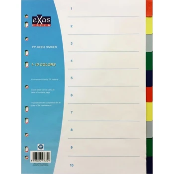 Πλαστικά διαχωριστικά Exas Α4 με χρώματα 10 θεμάτων για καθημερινή χρήση.
