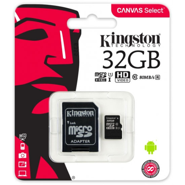 KINGSTON MICRO SECURE DIGITAL 32GB MICROSDXC CANVAS SELECT 80R +SD ADAPTER