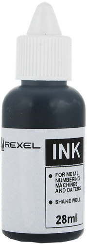 Μελάνι μαύρο για ταμπόν αριθμητήρα Rexel UN12 μεταλλικών γραμμάτων σε μπουκαλάκι 28ml για σφράγισμα σε χαρτί.