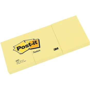 POST-IT 3M Αυτοκόλλητα Χαρτάκια Σημειώσεων κίτρινα σε συσκευασία 3ων πακέτων με 100 αυτοκόλλητα διαστάσεων 38x51mm και κωδικό 653.