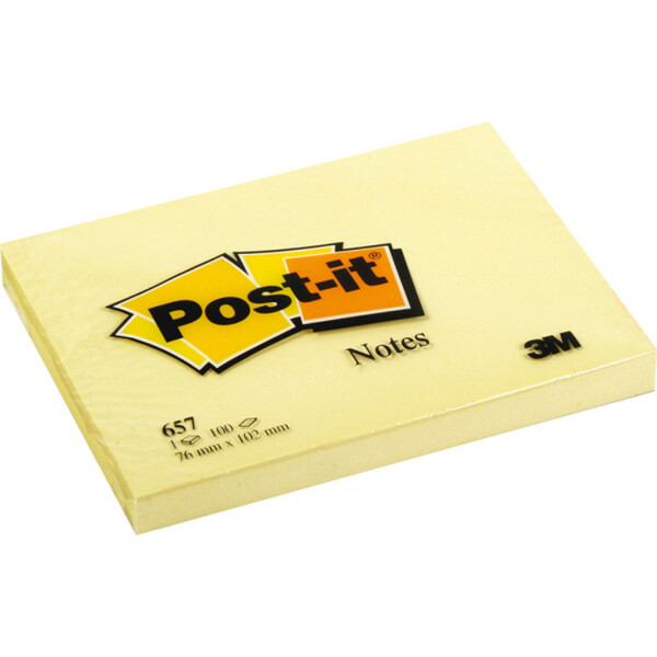 POST-IT 3M Αυτοκόλλητα Χαρτάκια Σημειώσεων κίτρινα σε πακέτο με 100 αυτοκόλλητα διαστάσεων 76x102mm με κωδικό 657.
