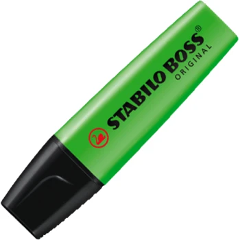 Μαρκαδόρος Υπογράμμισης Stabilo Boss Πράσινος που μπορεί να υπογραμμίσει σε όλα τα είδη χαρτιού με έντονο Πράσινο χρώμα. Yπογραμμιστής με σφηνοειδής μύτη 2 έως 5mm.