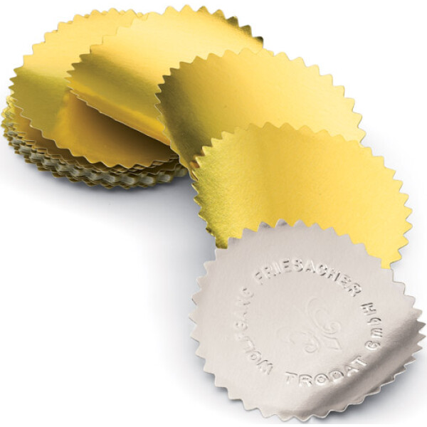 Χρυσές αυτοκόλλητες ετικέτες Trodat Wafers με διάμετρο 5,4cm ιδανικές για πρέσες ανάγλυφης εκτύπωσης.