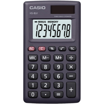 Αριθμομηχανή Τσέπης Casio 8 ψηφίων HS-8LV μαύρη σε πλαστική θήκη και μεγάλη οθόνη για υπολογισμούς με μεγάλη ακρίβεια διαστάσεων 10,1cm x 5,7cm.