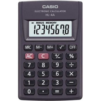 Αριθμομηχανή Τσέπης Casio 8 ψηφίων HL-4A μαύρη για υπολογισμούς με μεγάλη ακρίβεια διαστάσεων 8,7cm x 5,6cm.