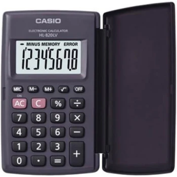 Αριθμομηχανή Τσέπης Casio 8 ψηφίων HL-820LV μαύρη με καπάκι και μεγάλη οθόνη για υπολογισμούς με μεγάλη ακρίβεια διαστάσεων 10cm x 6cm.