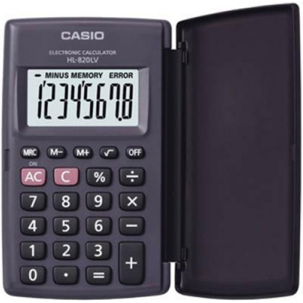 Αριθμομηχανή Τσέπης Casio 8 ψηφίων HL-820LV μαύρη με καπάκι και μεγάλη οθόνη για υπολογισμούς με μεγάλη ακρίβεια διαστάσεων 10cm x 6cm.