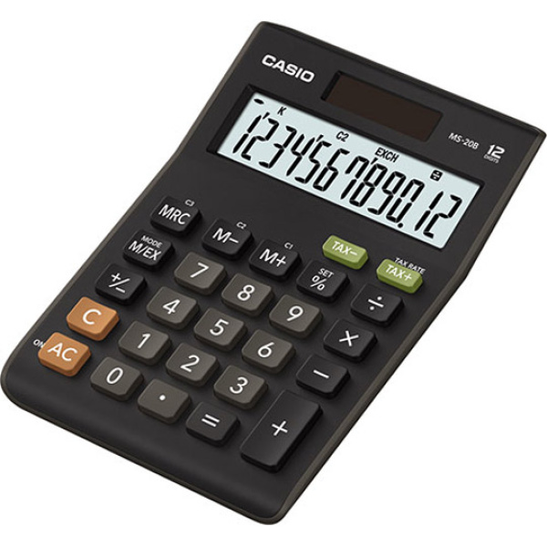 Αριθμομηχανή Γραφείου Casio 12 ψηφίων MS-20B με μεγάλη οθόνη για υπολογισμούς με μεγάλη ακρίβεια διαστάσεων 14,7cm x 10,3cm.